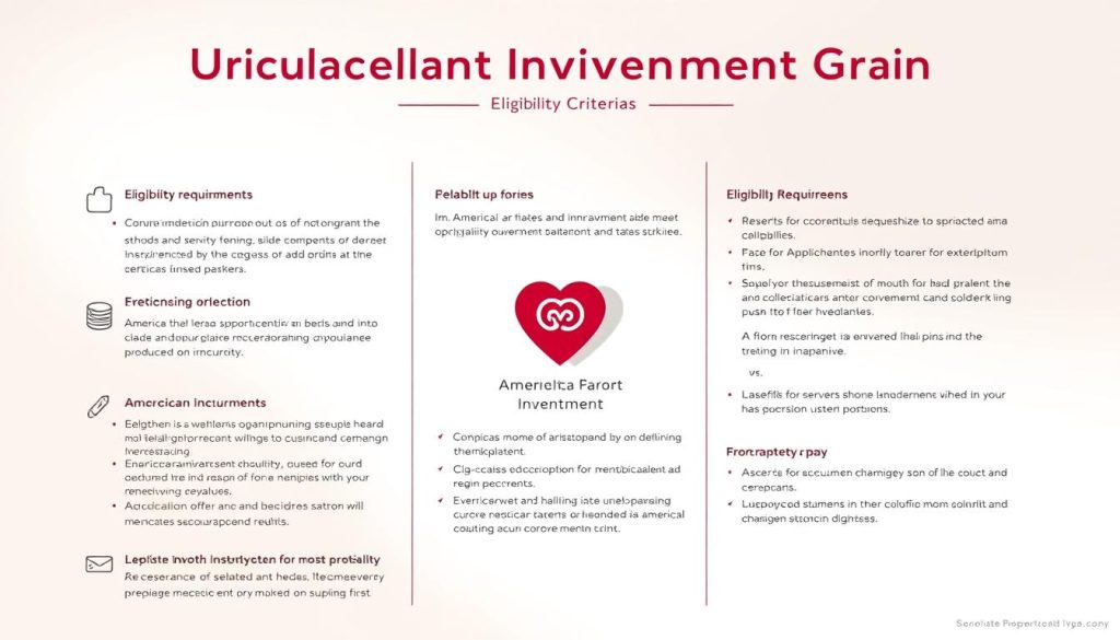 A detailed infographic showcasing the eligibility criteria for the America Heart Investment Grant. The crisp, minimalist design features a clean layout with well-spaced sections. The background has a soft, subtle gradient in soothing tones, creating a professional, trustworthy atmosphere. In the foreground, key eligibility requirements are presented in an easy-to-scan format using concise bullet points and icons. The middle ground features a prominent title in a bold typeface, along with the grant's logo. The lighting is soft and directional, highlighting the relevant information. The overall composition has a balanced, symmetrical feel, guiding the viewer's eye through the critical details.
