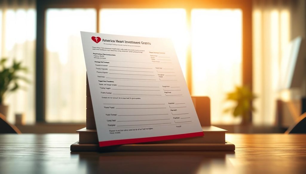 A stylized "America Heart Investment Grant" application form resting on a wooden desk, illuminated by a warm, golden light from a large window. The form features a prominent heart-shaped logo and detailed fields for the applicant's personal information. The background is a soft, blurred office setting, conveying a sense of professionalism and care. The composition emphasizes the importance of the application, with a clean, elegant design that draws the viewer's attention to the key details.