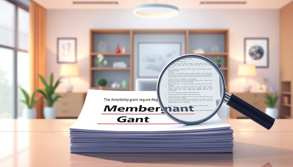 A well-lit, high-resolution digital illustration depicting the "membership grant requirements" for the "America Heart Investment Grant". In the foreground, a stack of documents with the grant name prominently displayed. In the middle ground, a magnifying glass examining the fine print of the requirements. In the background, a serene office setting with minimalist decor, warm lighting, and a sense of professionalism. The overall composition conveys a sense of careful consideration, attention to detail, and institutional legitimacy surrounding the grant program.