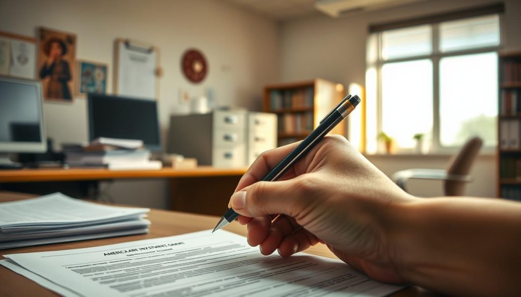 A well-lit office interior, with a desk, computer, and stacks of documents. In the foreground, a hand holds a pen, poised to fill out an official-looking grant application form from the "America Heart Investment Grant" program. The middle ground features a filing cabinet, and the background showcases a bookshelf and large window, casting warm, natural light across the scene. The overall mood is one of focused, methodical attention to detail, suggesting the importance and care required in the grant application process.